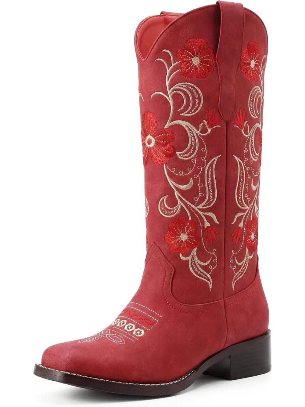 Women's Square Toe Cowgirl Boots Red Retro Mid Calf Sunflower Embroidered